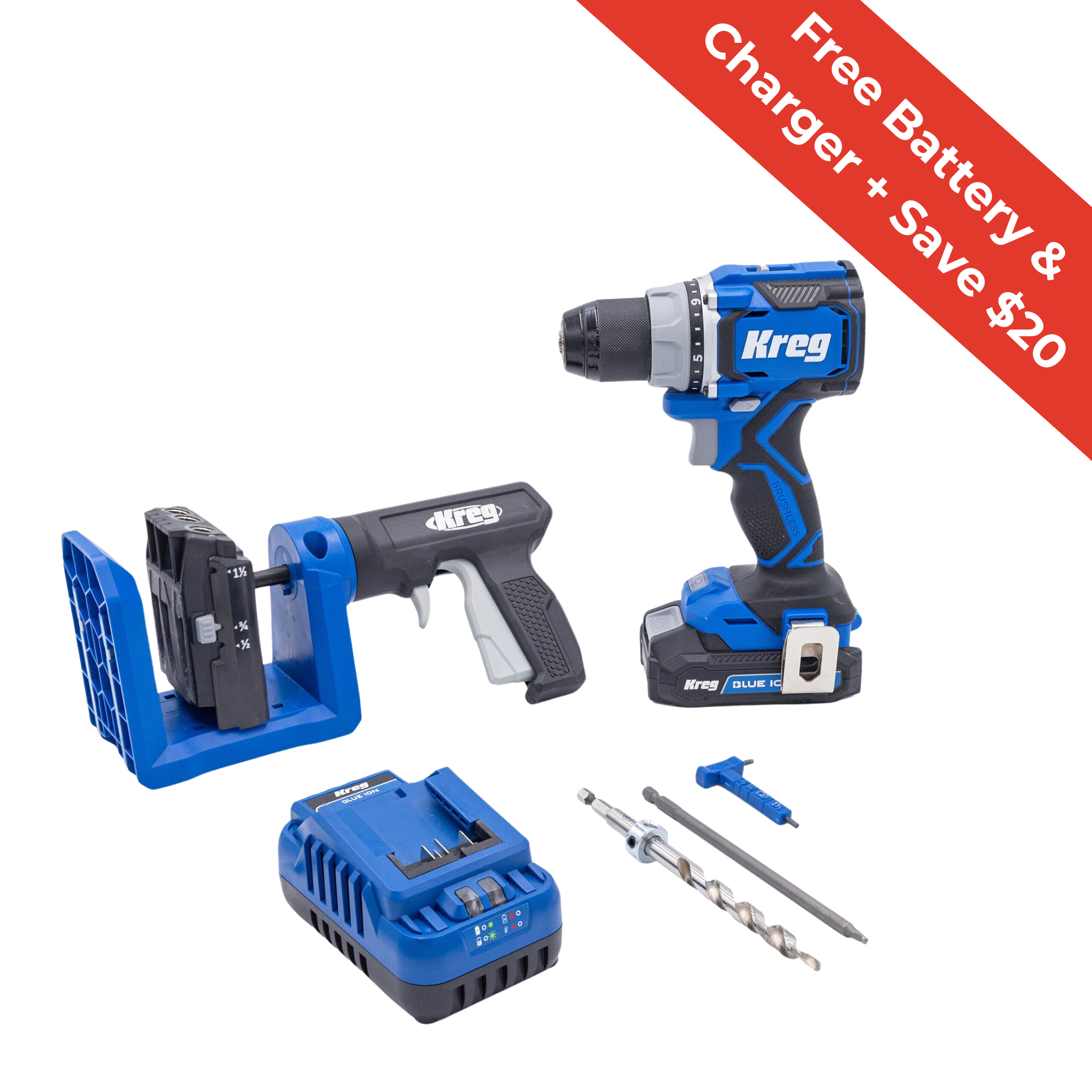 Kreg&reg; Pocket-Hole Jig 520PRO + 20V Ionic Drive&trade; 1/2" Compact Drill Project Kit